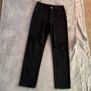 Black Ripped Hole Straight Jeans
